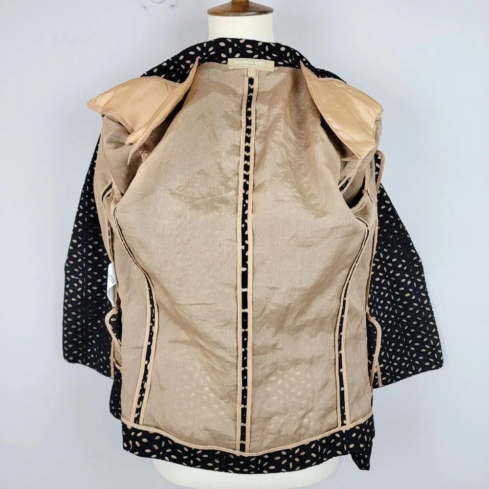 Michael Kors Made In Italy Black Caramel Cotton Silk Embroidered Cutout Blazer 6